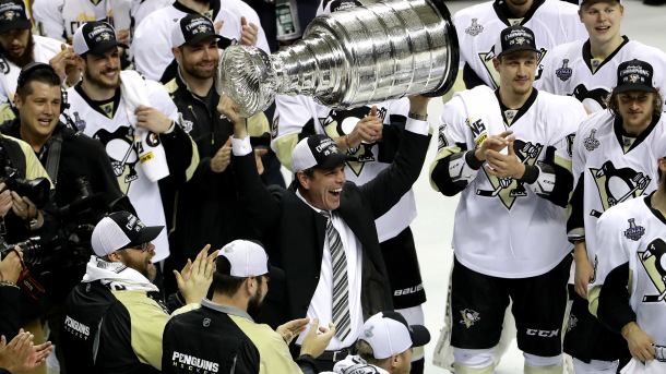 SAN JOSE, CA - JUNE 12: Mike Sullivan of the Pittsburgh Penguins celebrates with the Stanley Cup after their 3-1 victory to win the Stanley Cup against the San Jose Sharks in Game Six of the 2016 NHL Stanley Cup Final at SAP Center on June 12, 2016 in San Jose, California. (Photo by Ezra Shaw/Getty Images)