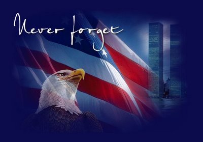 Here's an example of "Never forget" with an eagle and flag. Some people also add praying hands or smoking towers to make their point.
