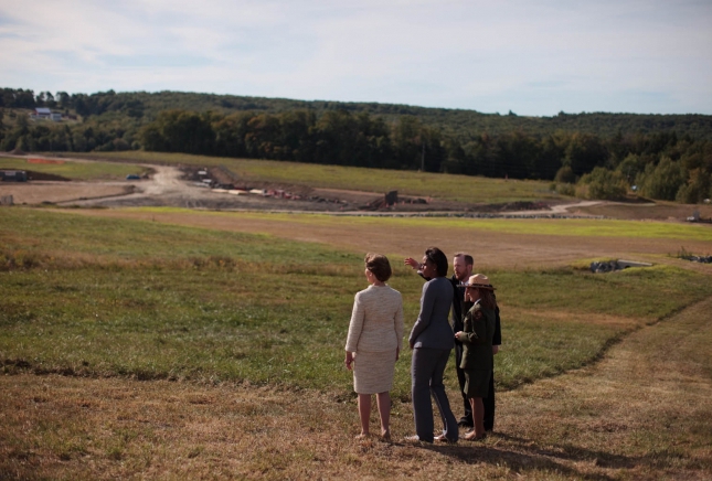 First Lady Michelle Obama and Former First Lady Laura Bush survey the site of the Flight 93 airplane crash in Stonycreek Township, Pennsylvania, September 11, 2010. (Photo by White House Photographer Chuck Kennedy)