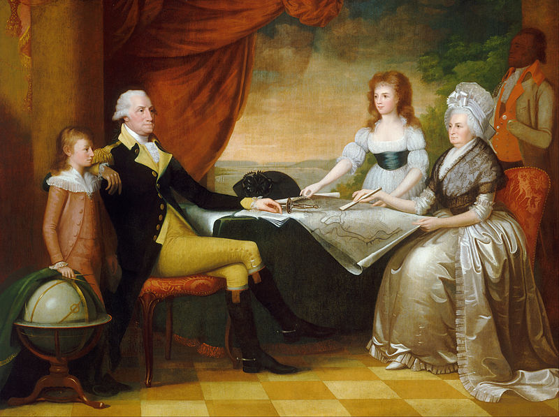 "The Washington Family" by Edward Savage, painted between 1789 and 1796, (from left to right): George Washington Parke Custis, George Washington, Nelly Custis, Martha Washington, and a slave (probably William Lee or Christopher Sheels).